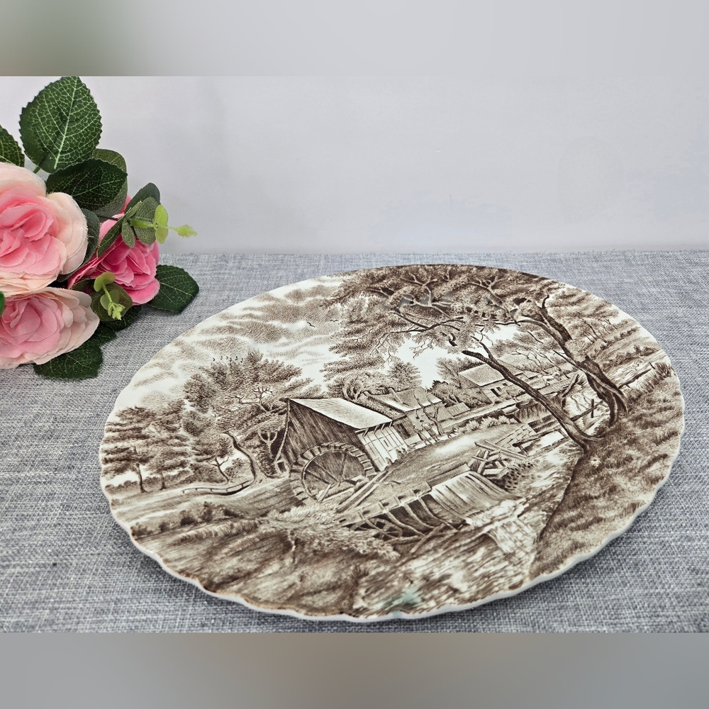 Vintage Johnson Brothers Watermill Ironstone Oval Platter 11.5×9.5" Brown Design